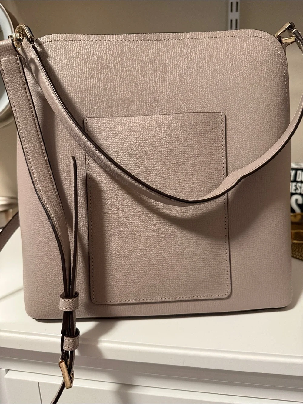 Kate Spade Darcy Bucket Bag: Warm Taupe Pebbled Leather Crossbody with Gold Log